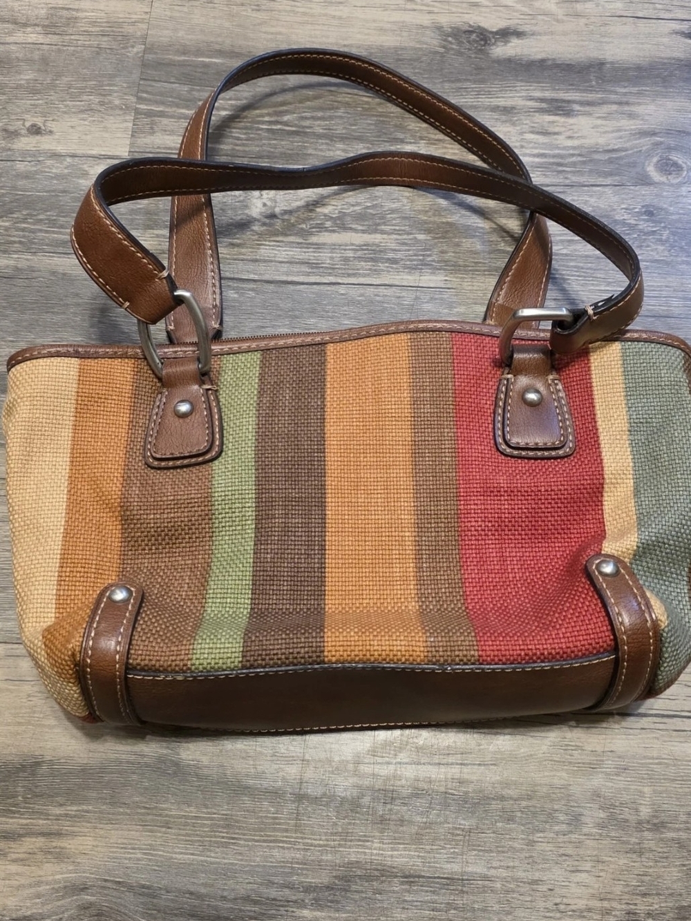 Fossil Earthtone Striped Shoulder Bag with a canvas body & leather trim Y2k Vtg
